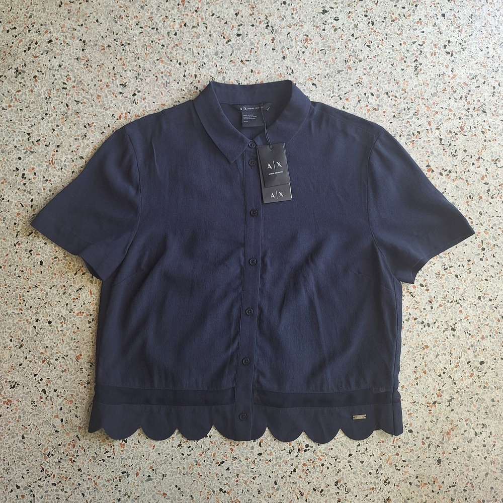 Armani Exchange Scalloped Hem Mesh Detail Button Down Shirt S